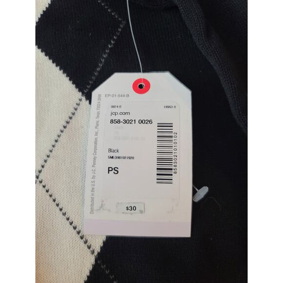 NWT St John's Bay black white grey argyle plaid cotton v-neck sweater small pet - Picture 6 of 6